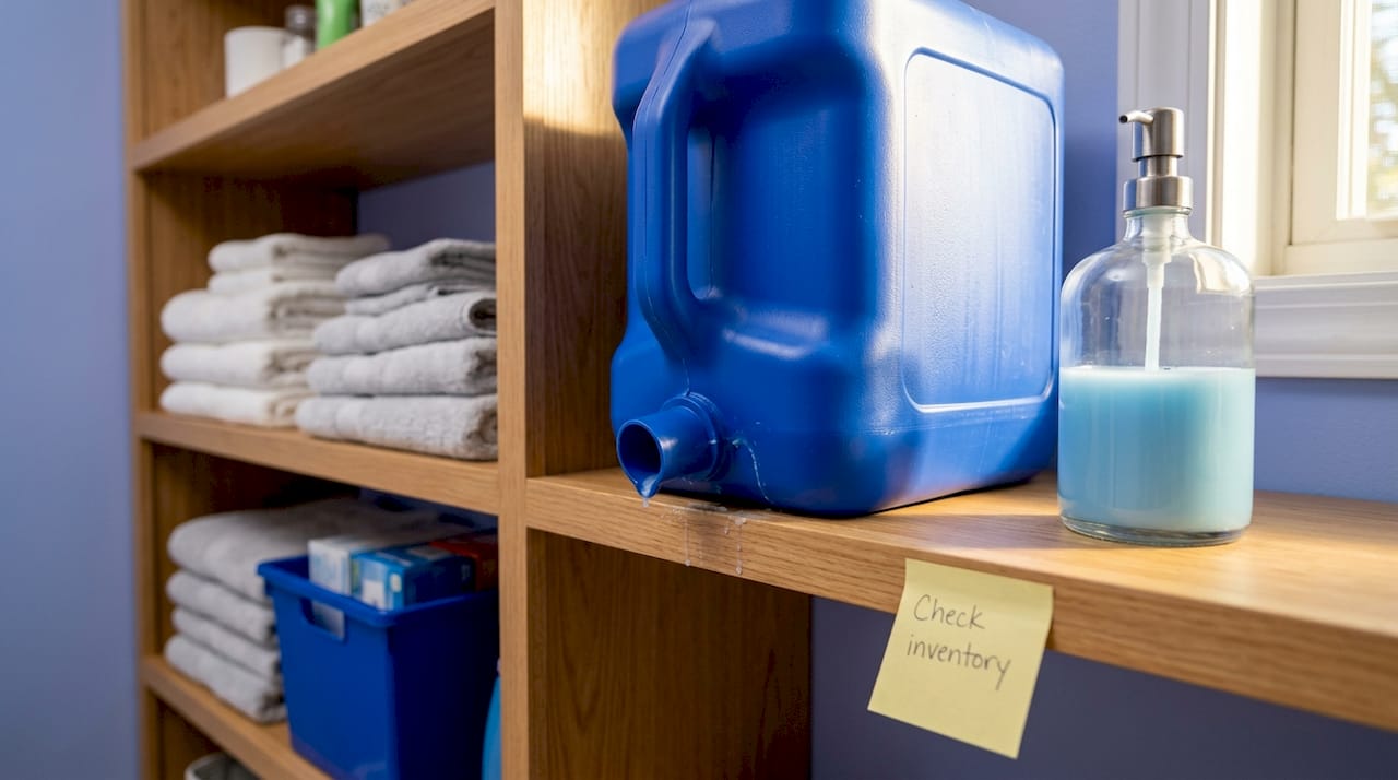 Bulk detergent container in home laundry area