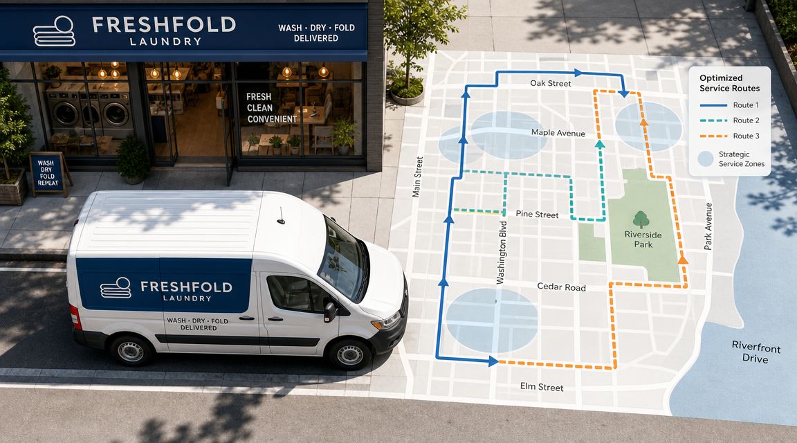A Freshfold laundry delivery van parked in front of a shop with an overlay map of service routes.