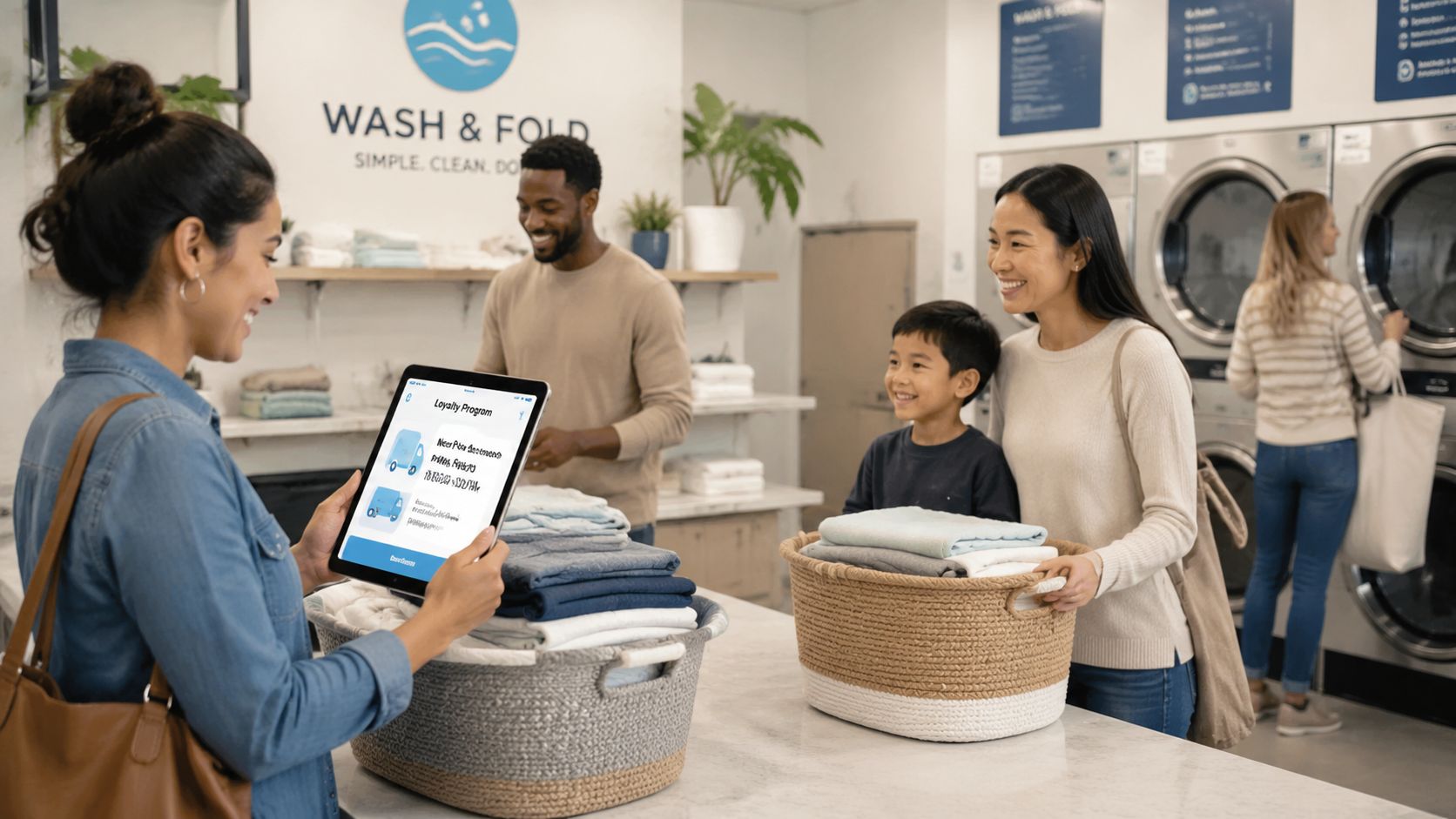A woman helping customers with laundry service at a modern wash and fold franchise store location.