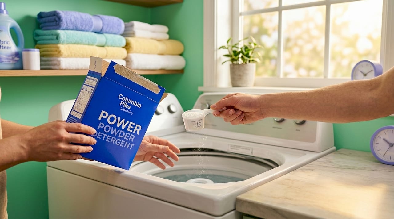 Hands scooping powder detergent into washing machine