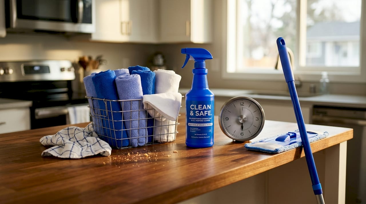 Organized spring cleaning supplies on counter