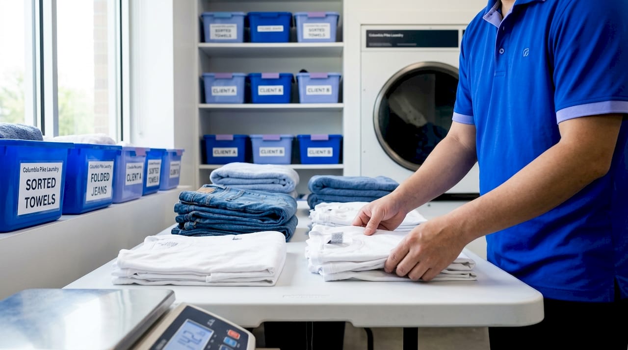 Hands sorting and folding laundry items