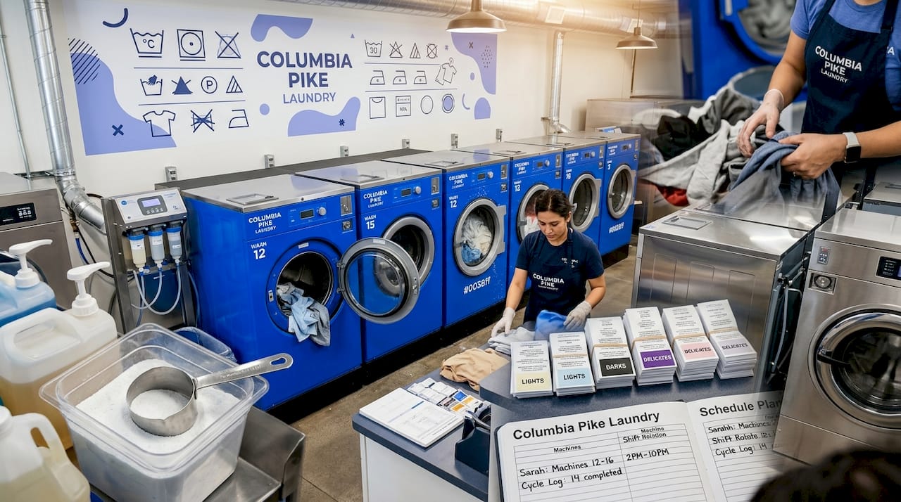 Hands sorting clothes at industrial laundry machines