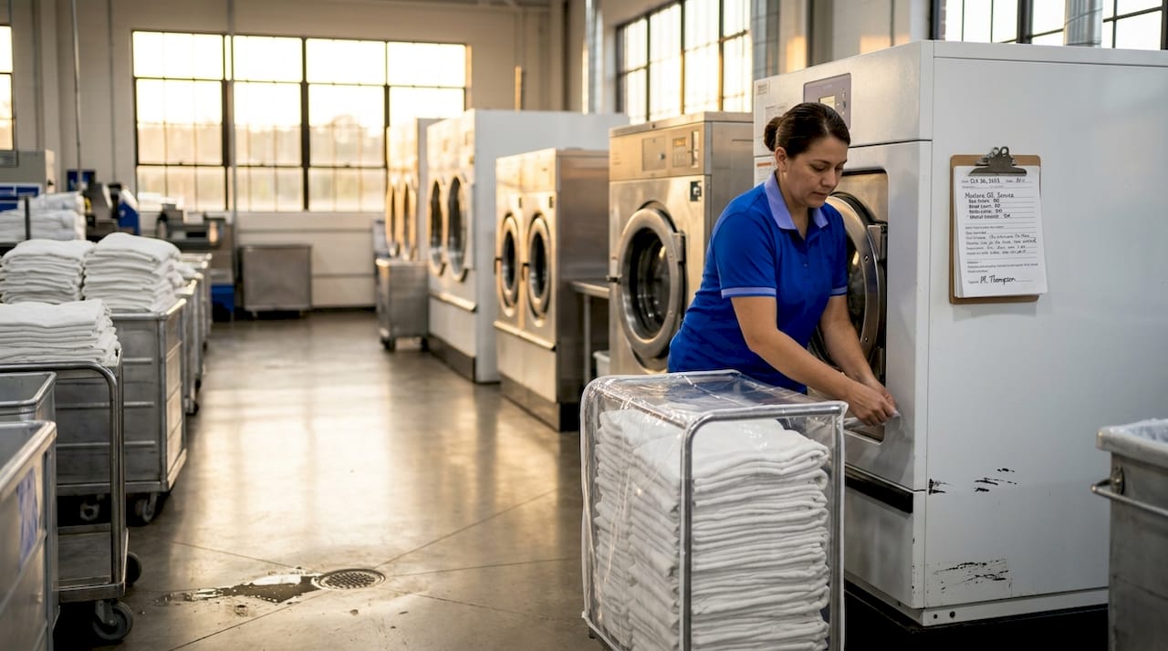 Commercial laundry machines and linens in facility