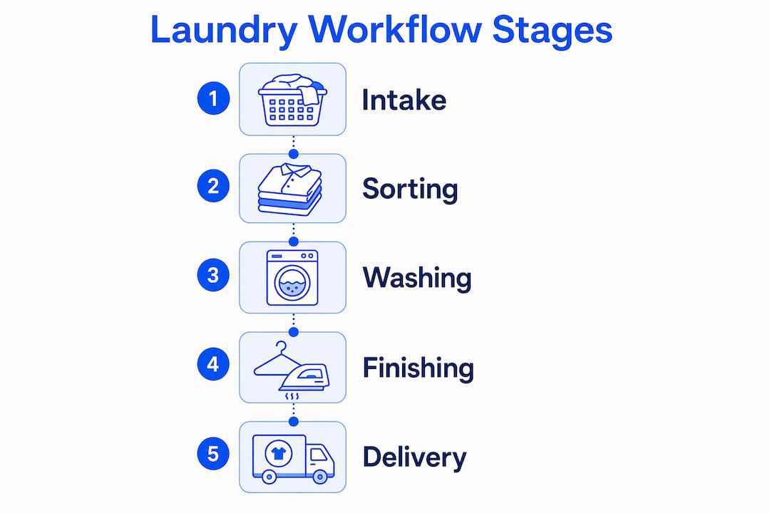 Infographic illustrating five stages of laundry workflow process