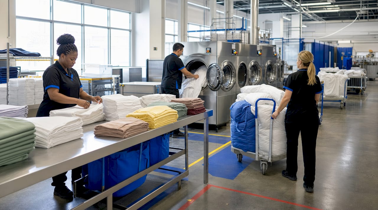 Staff sorting linens and loading washing machines