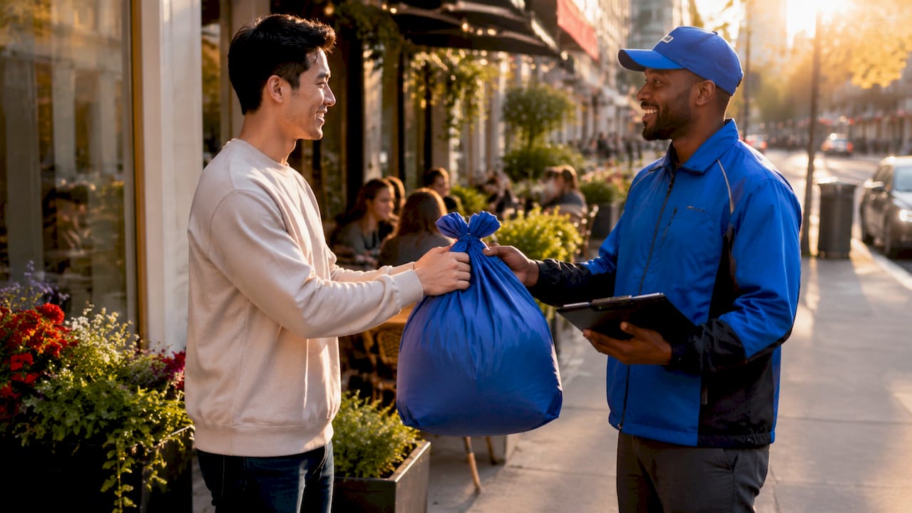 Hands exchanging laundry bag at apartment entrance
