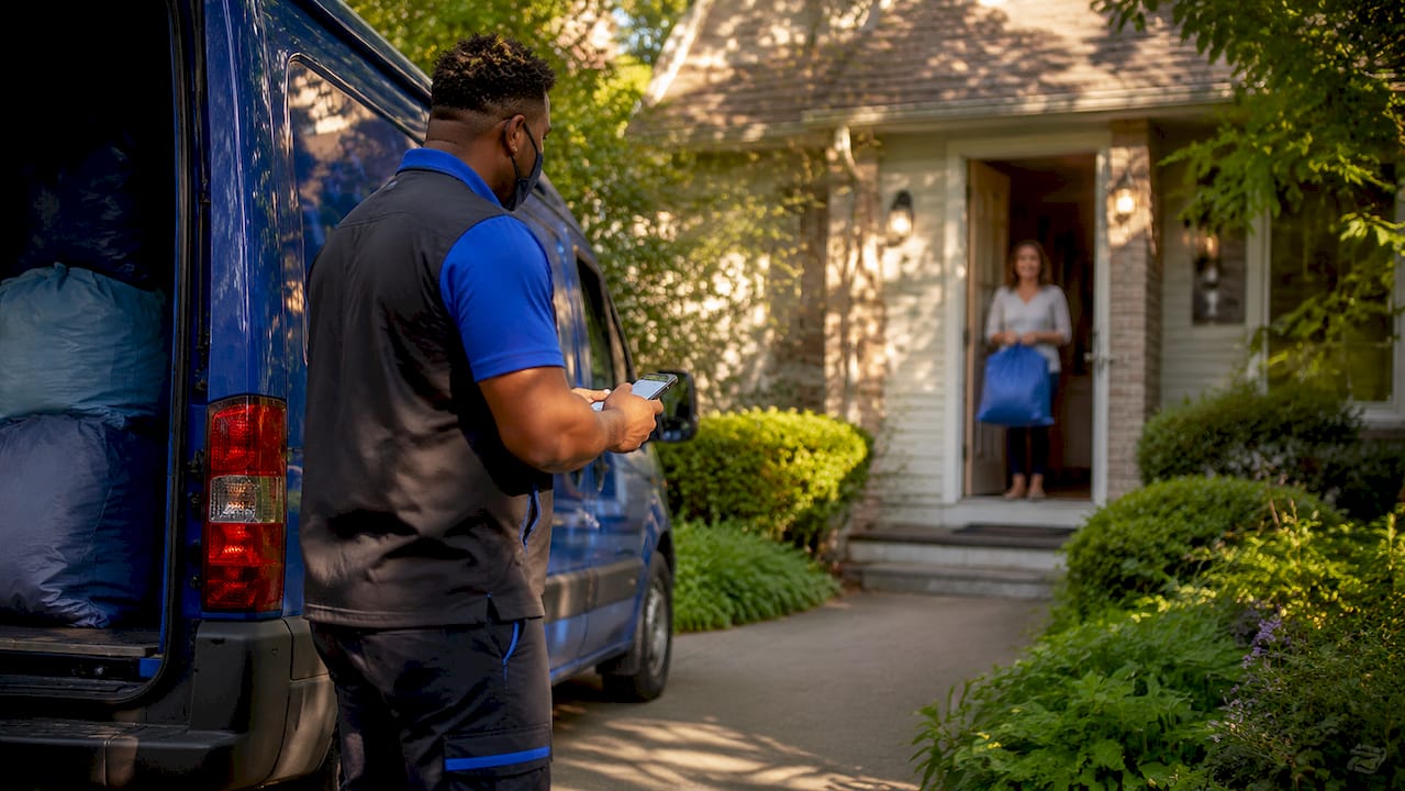 Delivery driver checking app during laundry delivery
