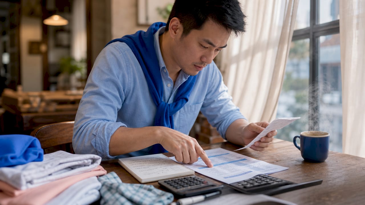Man reviewing laundry cost and time documents at table overhead view