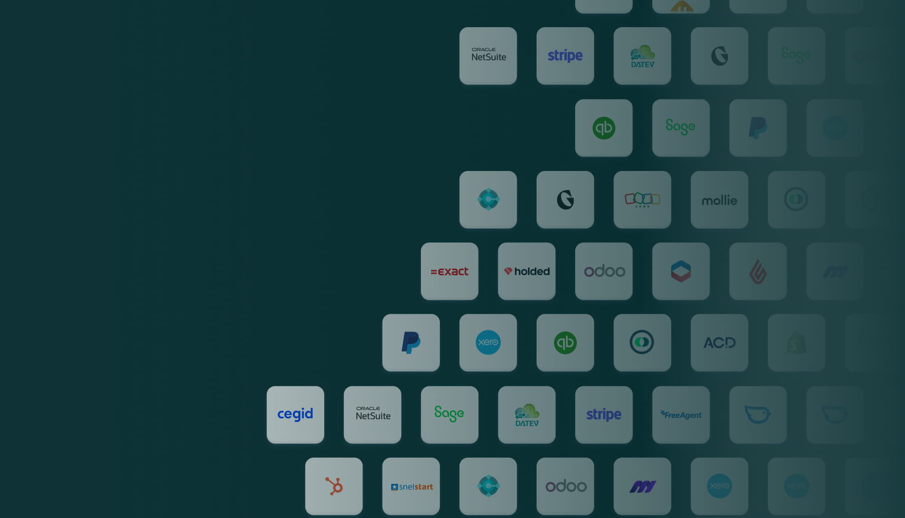 Grid of multiple software and service logos including Stripe, PayPal, Sage, NetSuite, QuickBooks, Odoo, and Xero on a dark green background.
