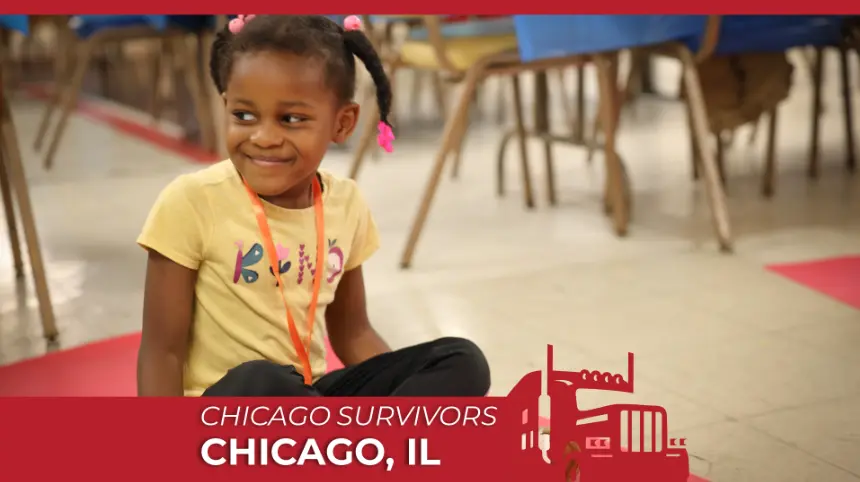Smiling girl with pigtails attending a Chicago Survivors community event in Chicago, IL. She is seated indoors, with the event title visible in a red banner overlay.