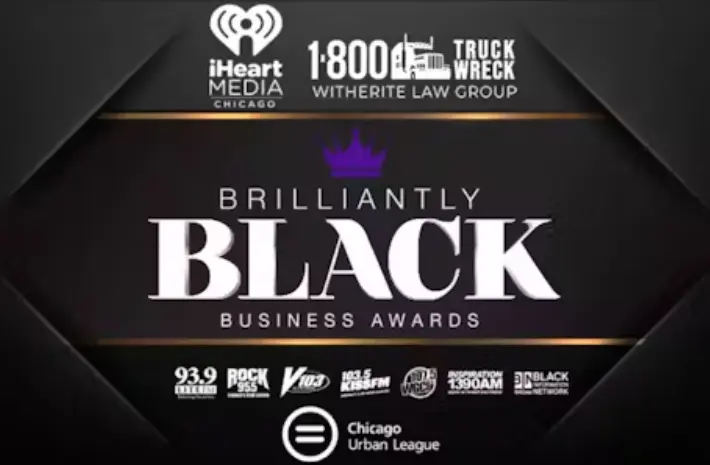 A dark graphic advertisement for the "BRILLIANTLY BLACK BUSINESS AWARDS" featuring a black and gold theme with a purple crown icon. Logos for iHeart Media Chicago, 1-800 TRUCK WRECK / Witherite Law Group, and the Chicago Urban League are displayed.