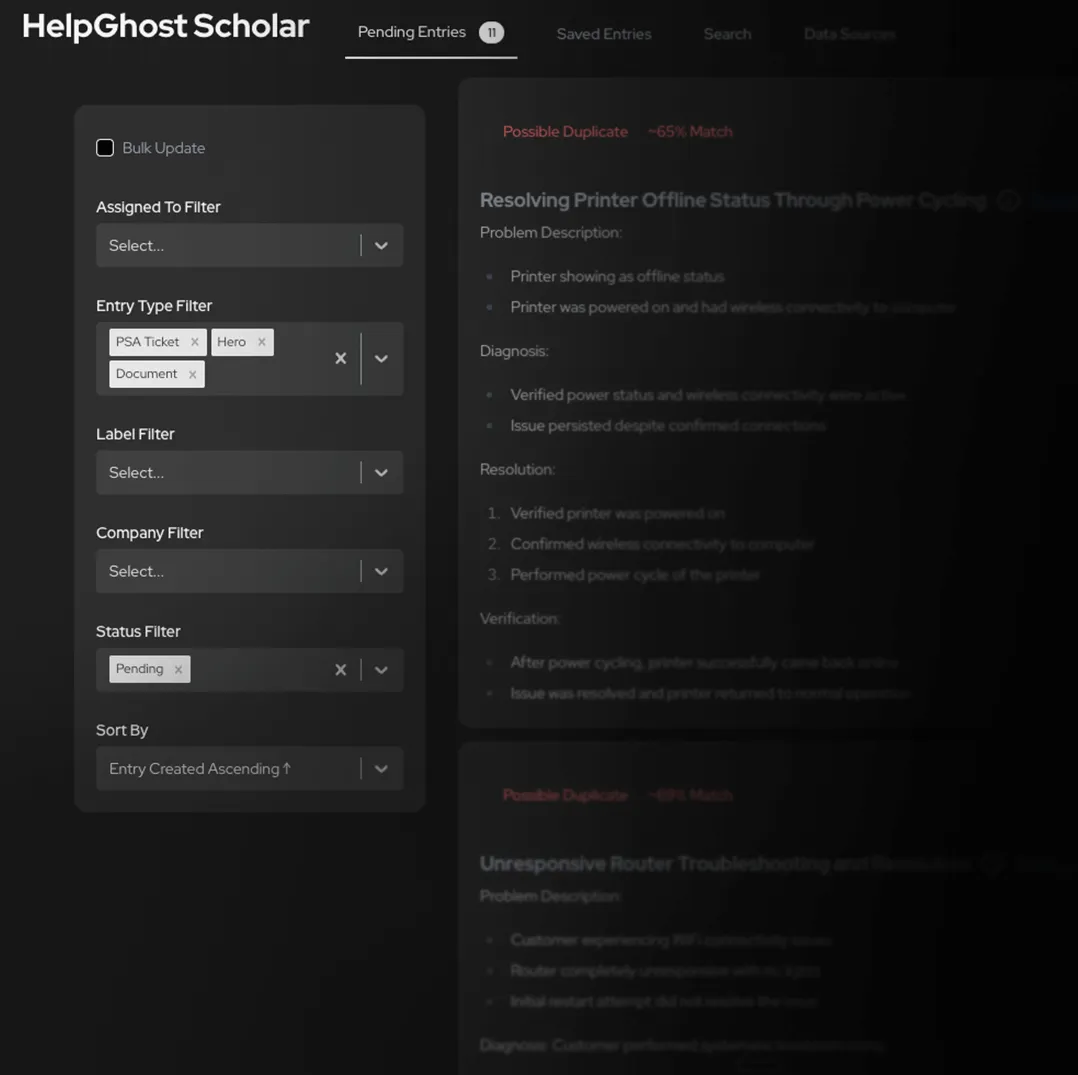 HelpGhost Scholar interface showing filters on the left for Assigned To, Entry Type, Label, Company, Status, and Sort By, with selected filters including PSA Ticket, Hero, Document, and Pending status.