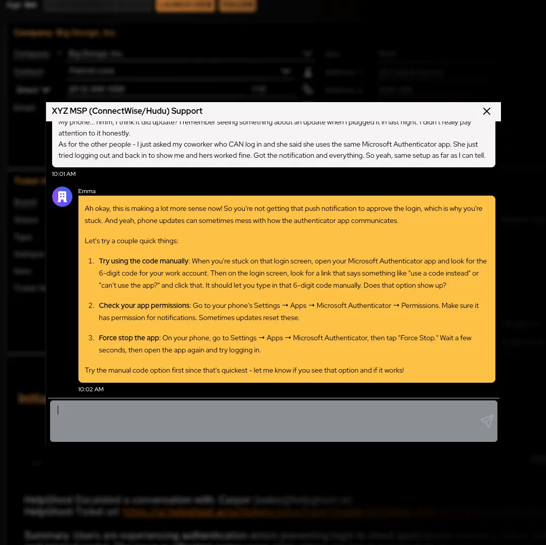 Chat conversation titled 'XYZ MSP (ConnectWise/Hudu) Support' showing a support agent named Emma giving troubleshooting steps to resolve Microsoft Authenticator app login issues.