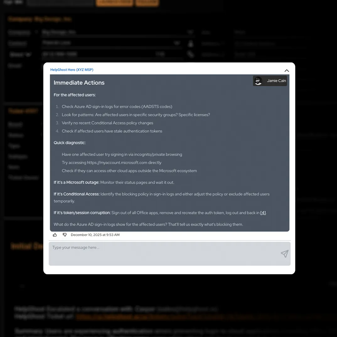 HelpGhost Hero message detailing immediate actions for affected users including checking Azure AD sign-in logs, patterns in security groups, Conditional Access policies, and authentication tokens, with quick diagnostics and troubleshooting steps.