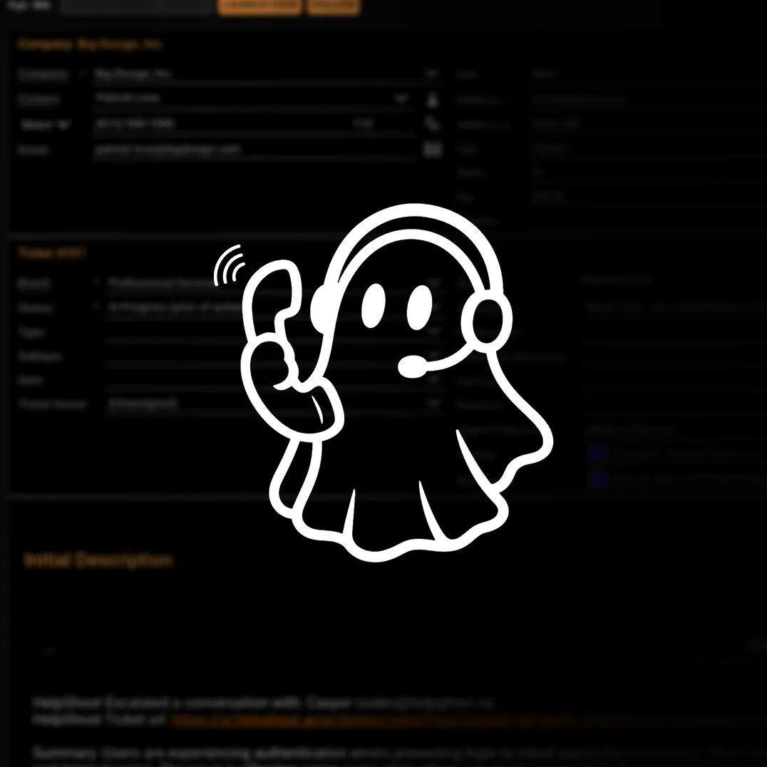 White outline of a ghost wearing a headset and holding a ringing telephone receiver on a dark, blurred background.
