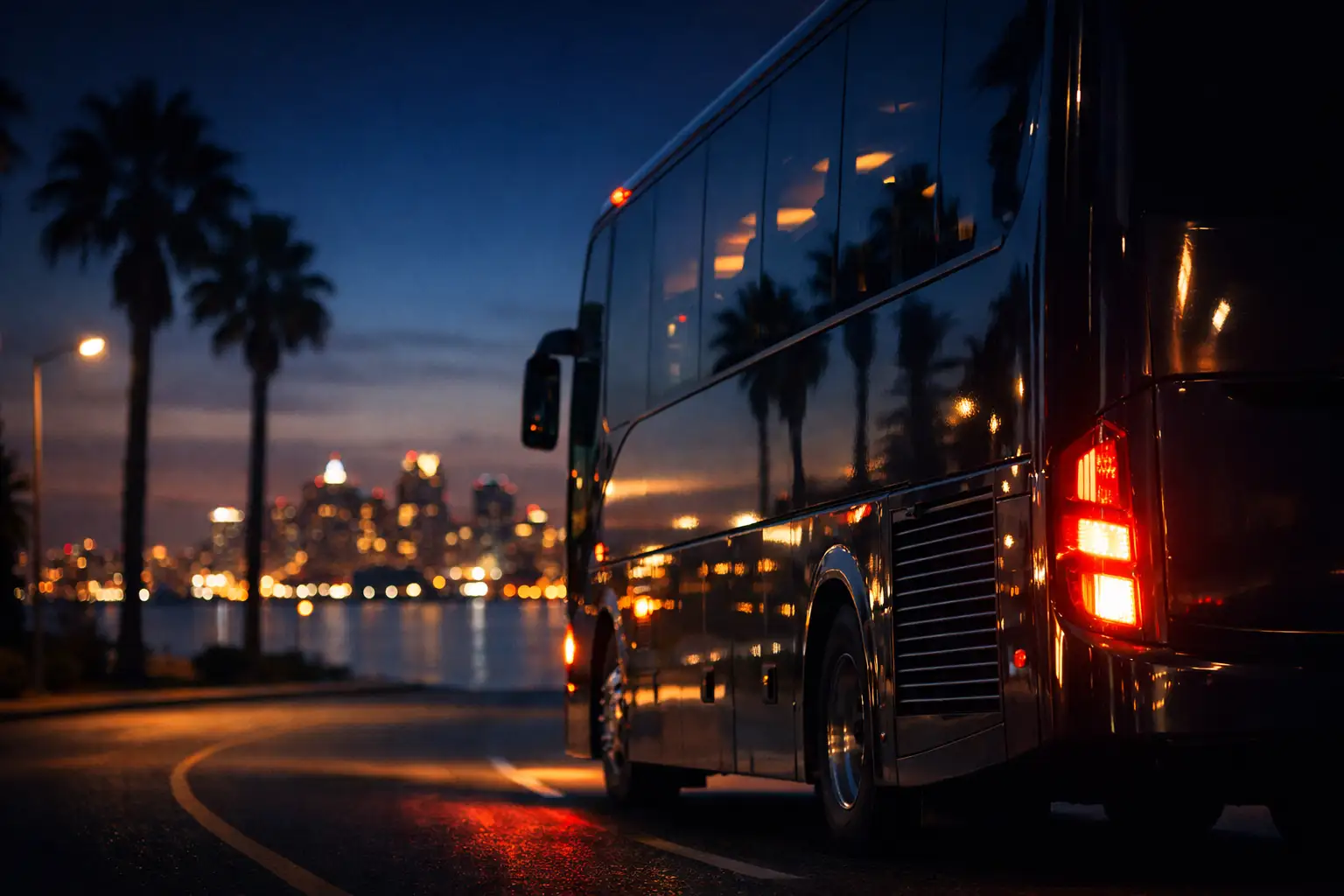 San Diego Tour Bus at night near harbor.