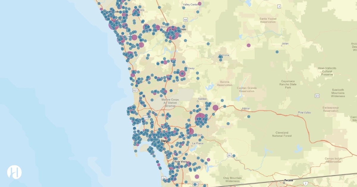 Heat map of bicycle crash locations across San Diego County in 2024