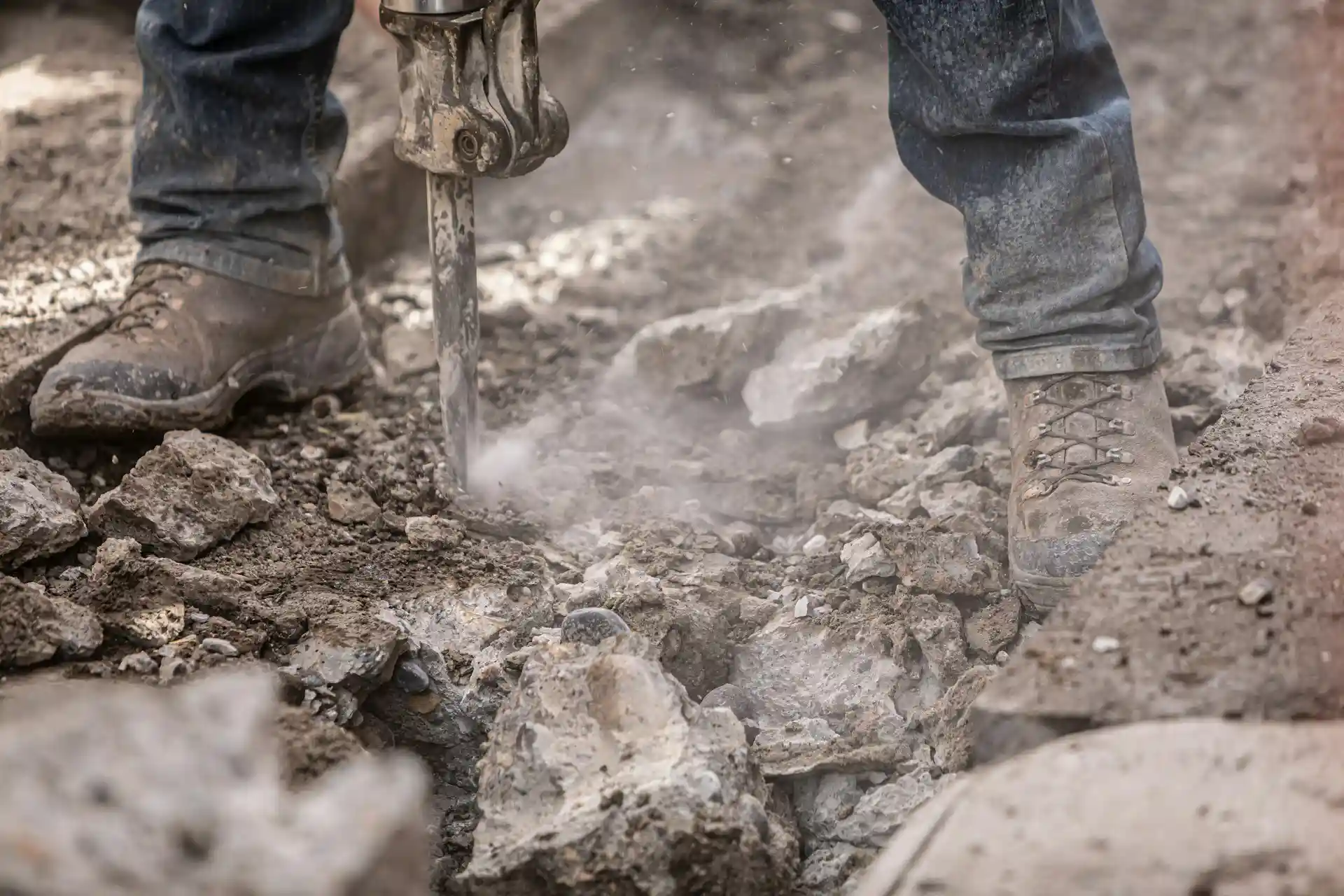 Construction worker using a jackhammer to break concrete at a San Diego job site
