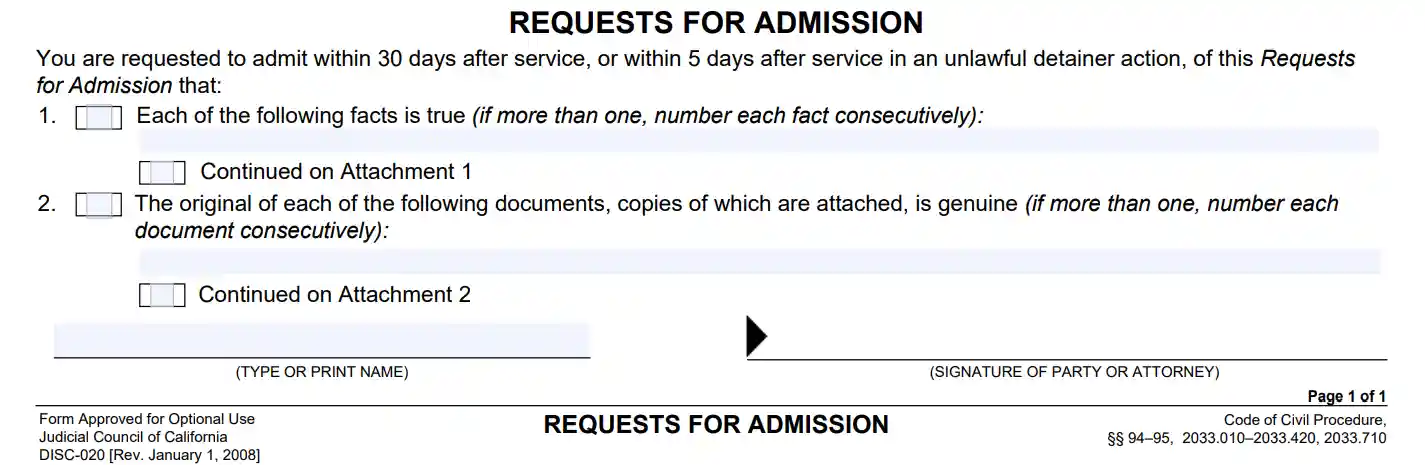 California Judicial Council Form DISC-020 Request for Admission used to authenticate evidence