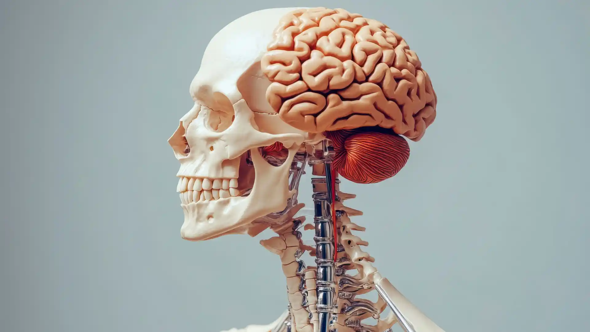 Model of human skull, brain, and spine to show juries spinal cord injuries