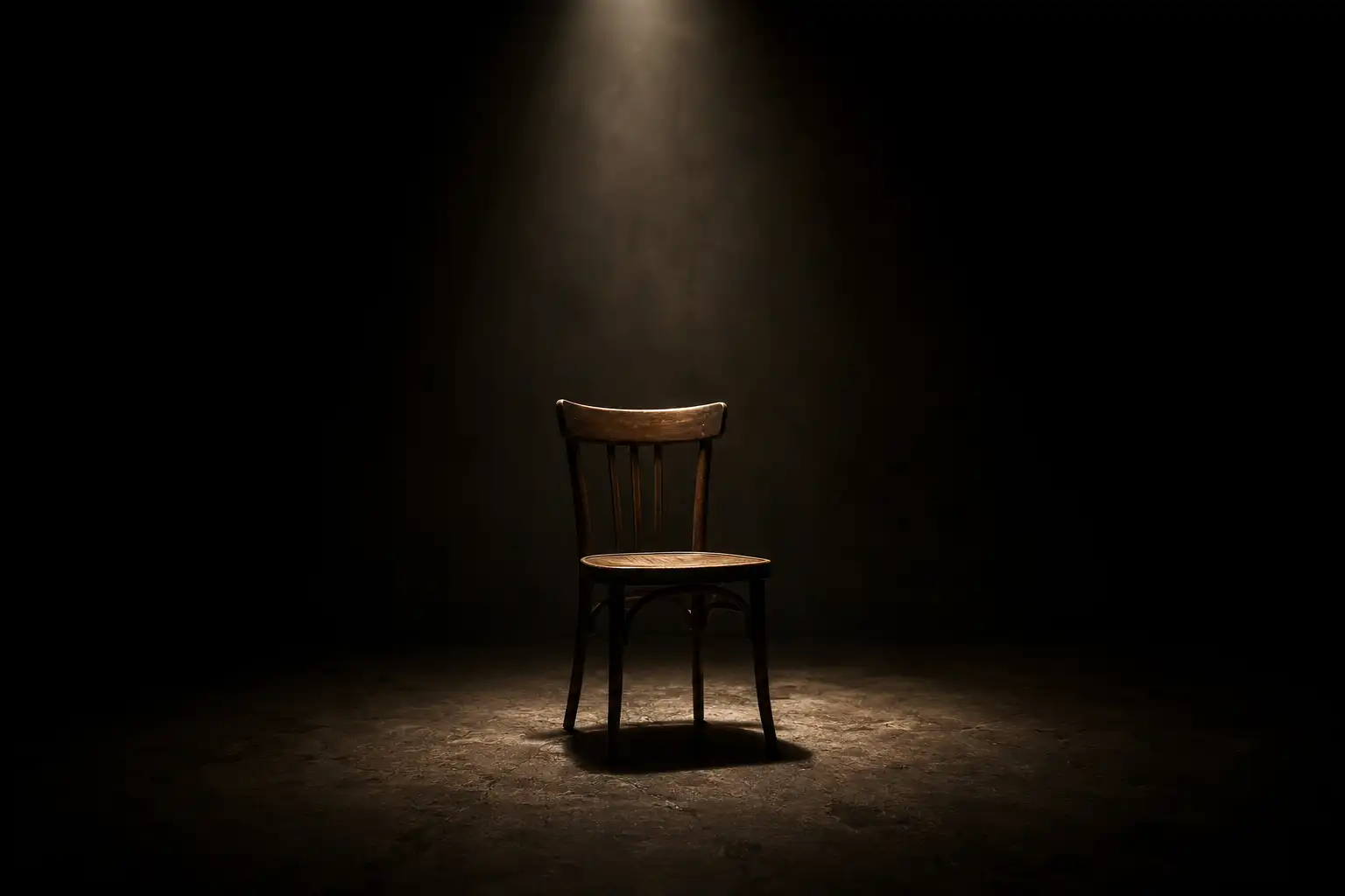 A cinematic image of a single empty wooden chair on a bare dark floor, lit by one dramatic focused beam of light from above, surrounded by deep shadow