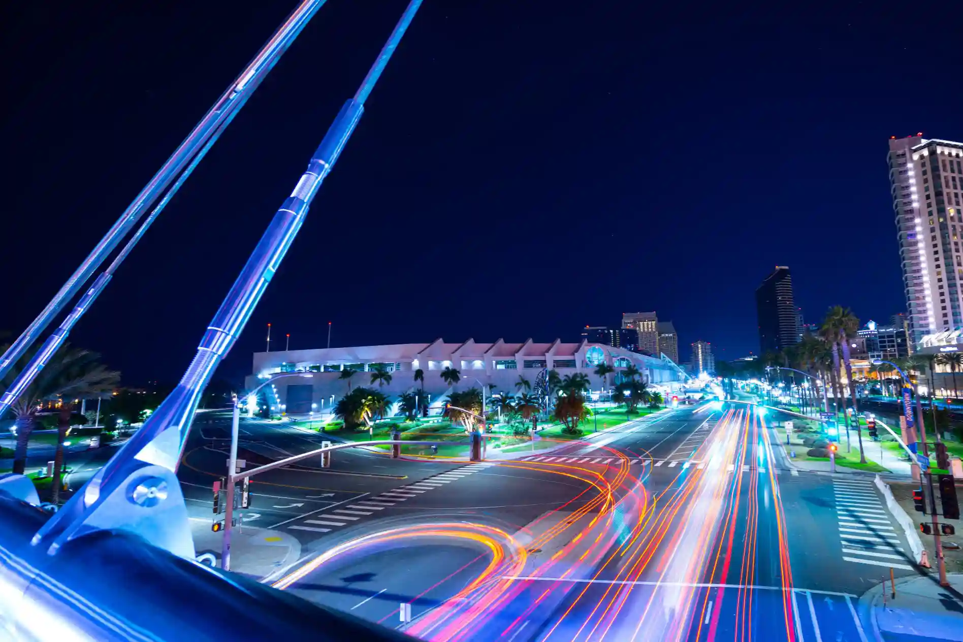 San Diego downtown pedestrian bridge over roadway traffic.