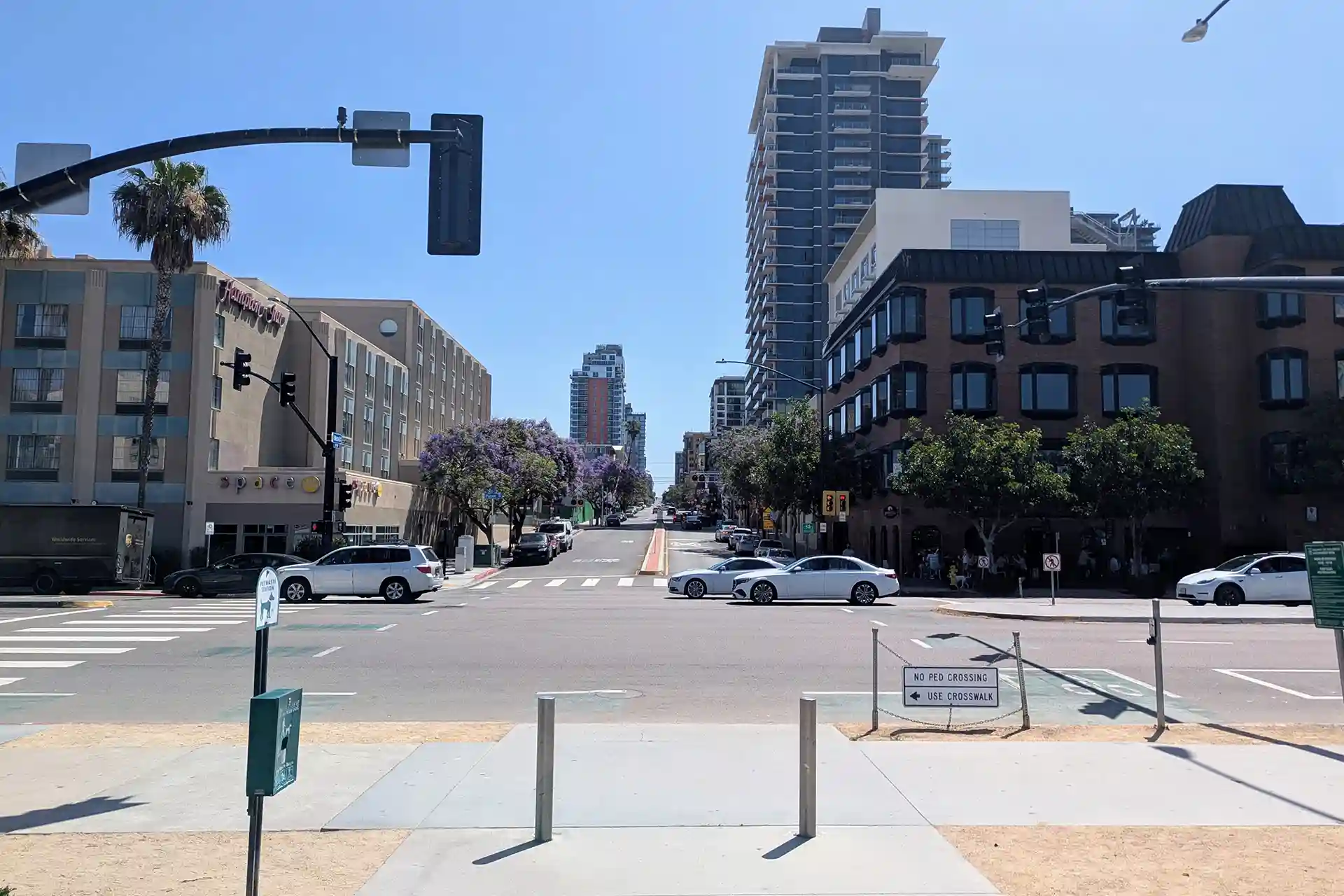 San Diego pedestrian crossing intersection near the county administration building downtown.