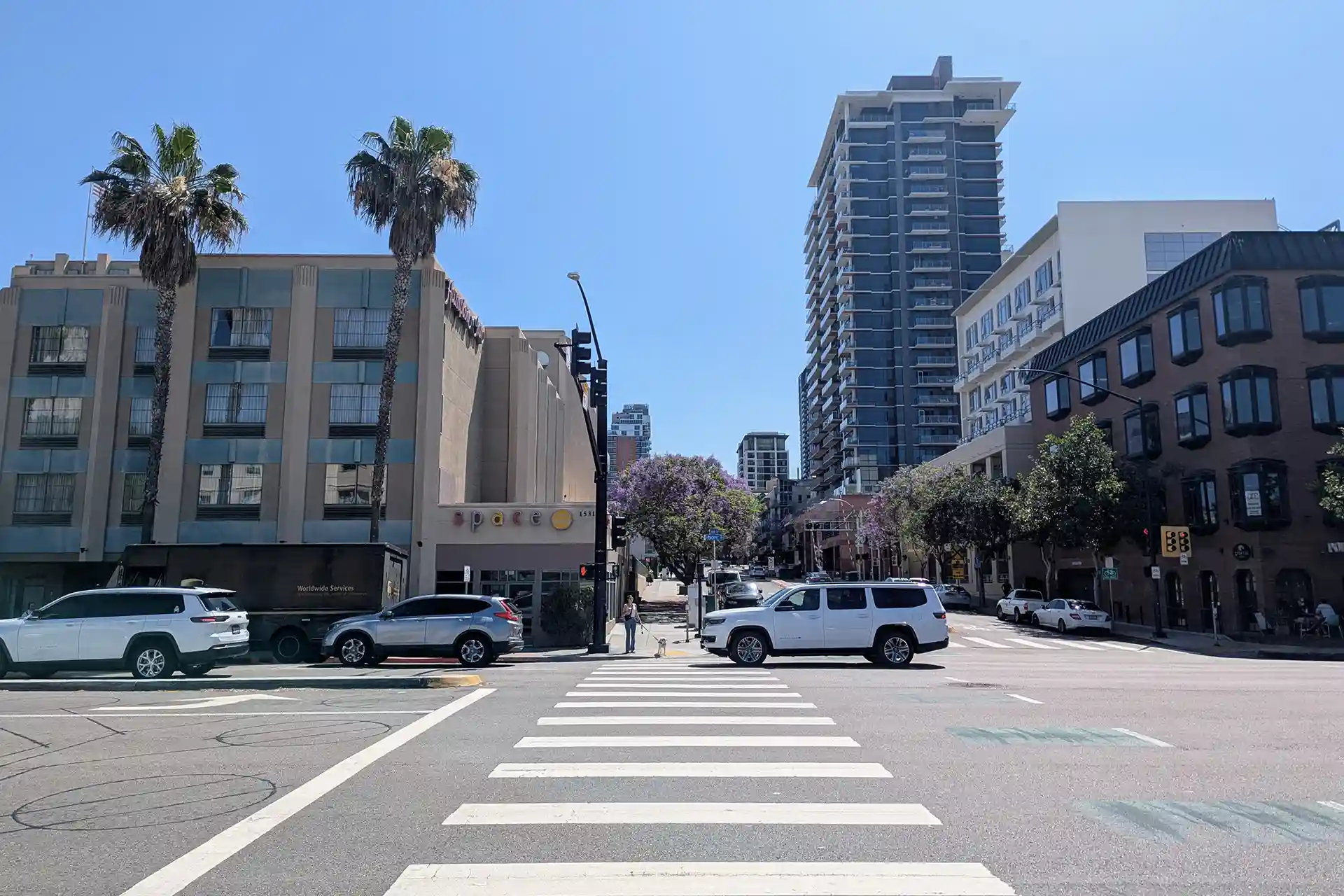 Pedestrian and dog preparing to cross San Diego crosswalk.