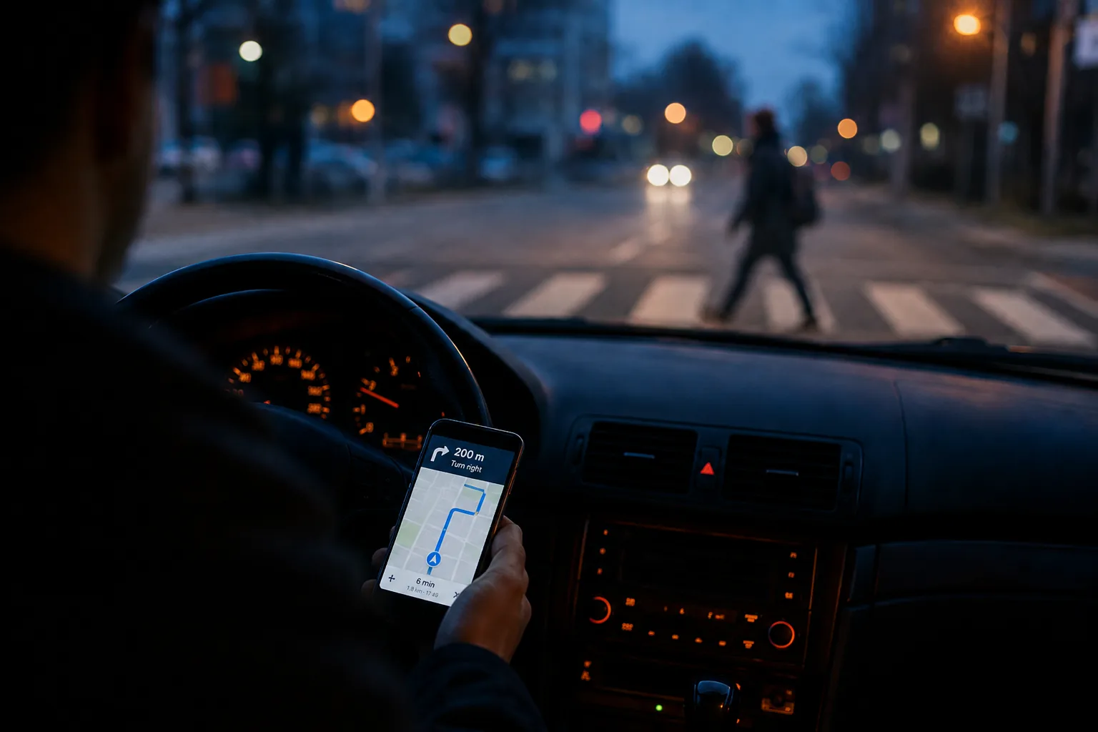 Distracted driver looking at a smartphone while a pedestrian crosses the street at dusk in San Diego