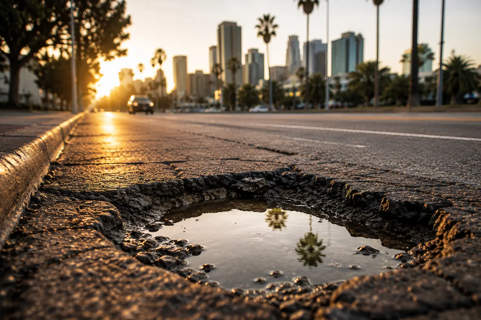 Large pothole in a cracked San Diego asphalt road, a hazard to cars, motorcycles, and cyclists.