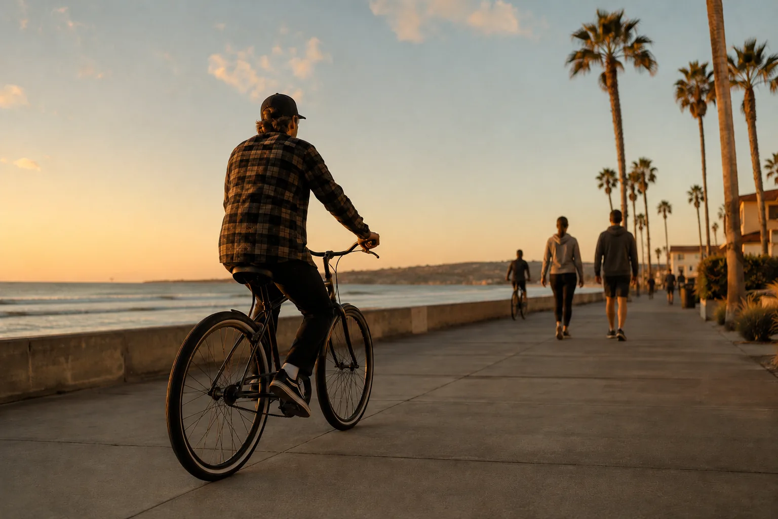 Cyclist riding a bicycle along a San Diego beachfront boardwalk at sunset