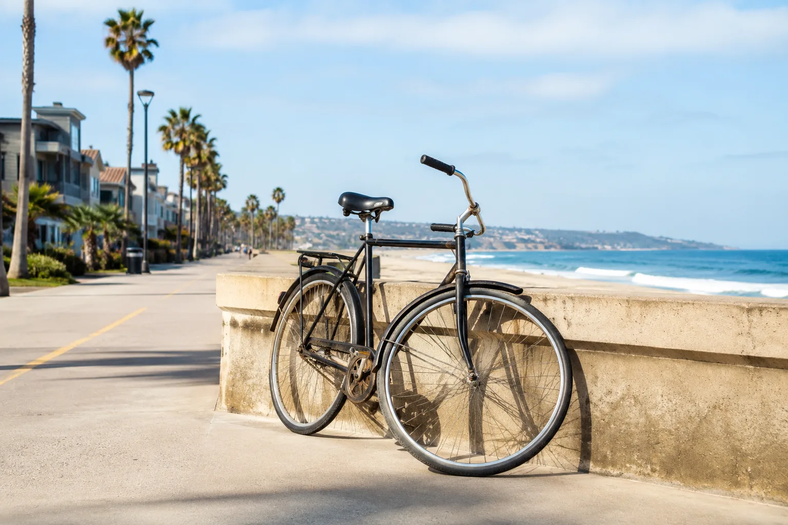 Black city bicycle leaning against a sea wall on a San Diego coastal boardwalk.