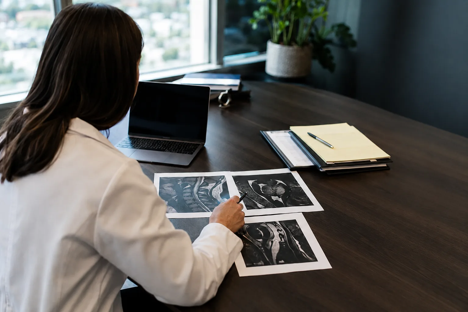 Physician reviewing mri films before a deposition.