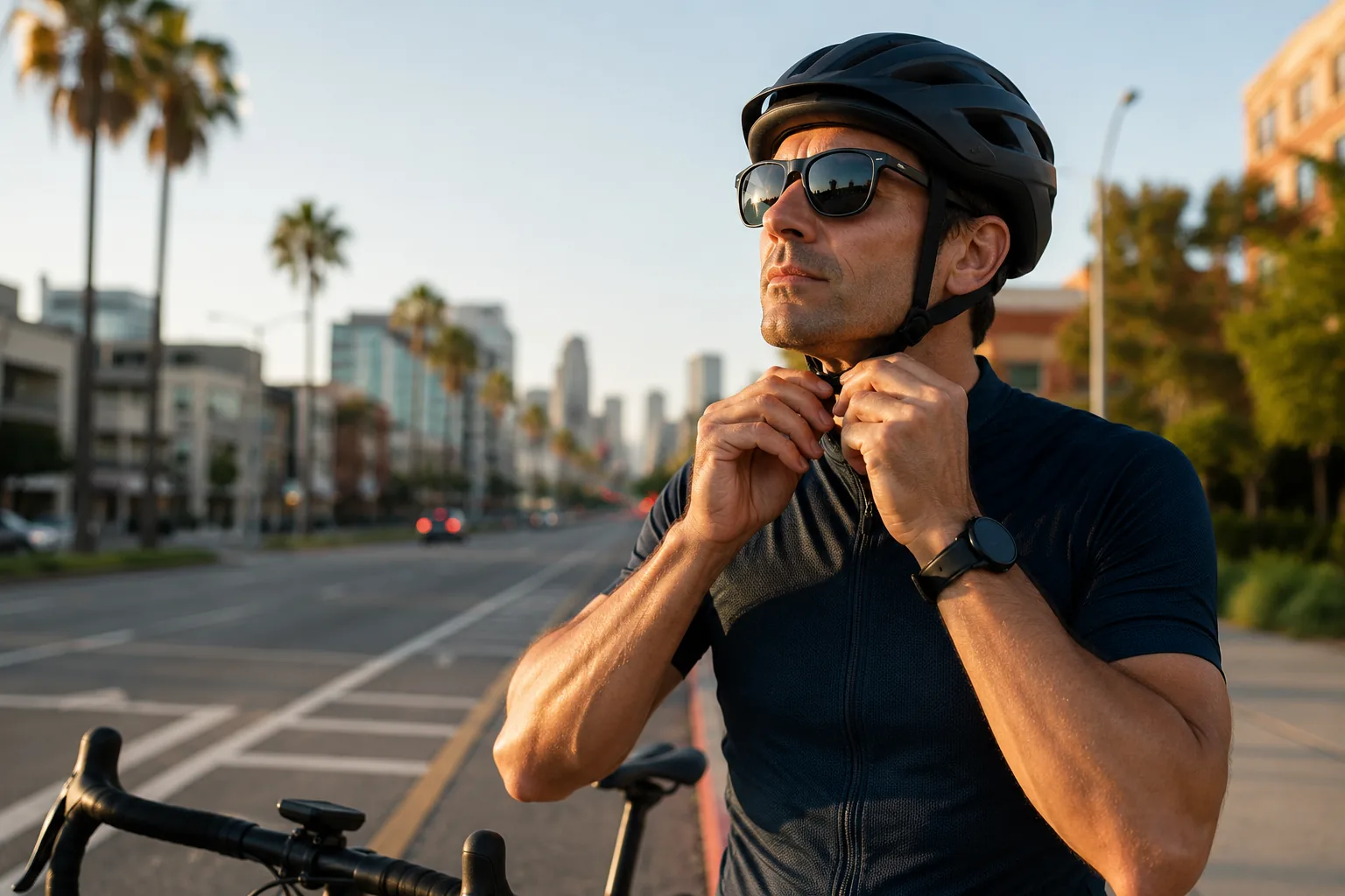 Cyclist fastening a bicycle helmet before riding on a San Diego street