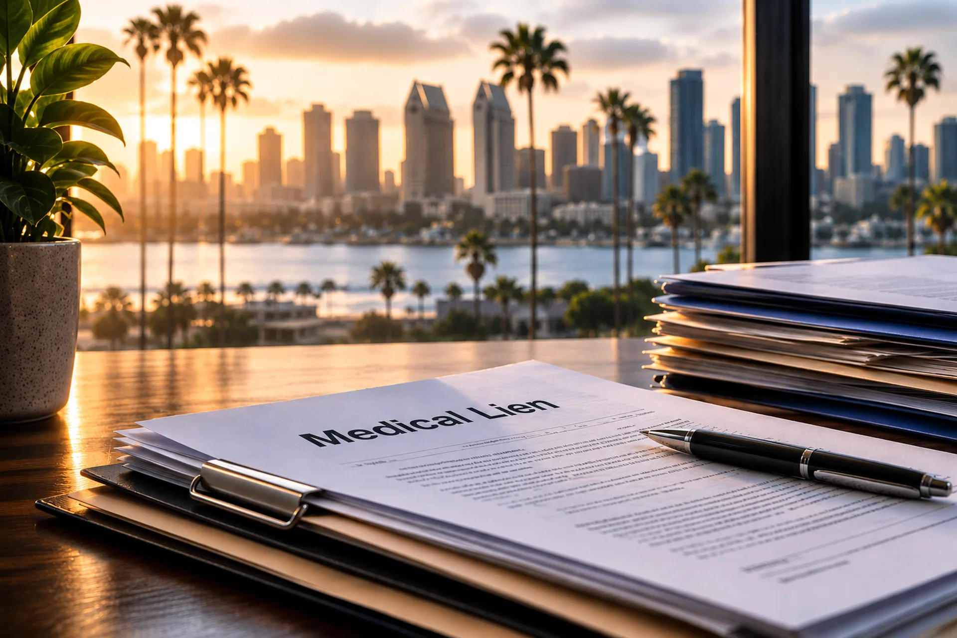 Medical lien paperwork and a stack of case files on a desk overlooking the San Diego skyline at sunset.