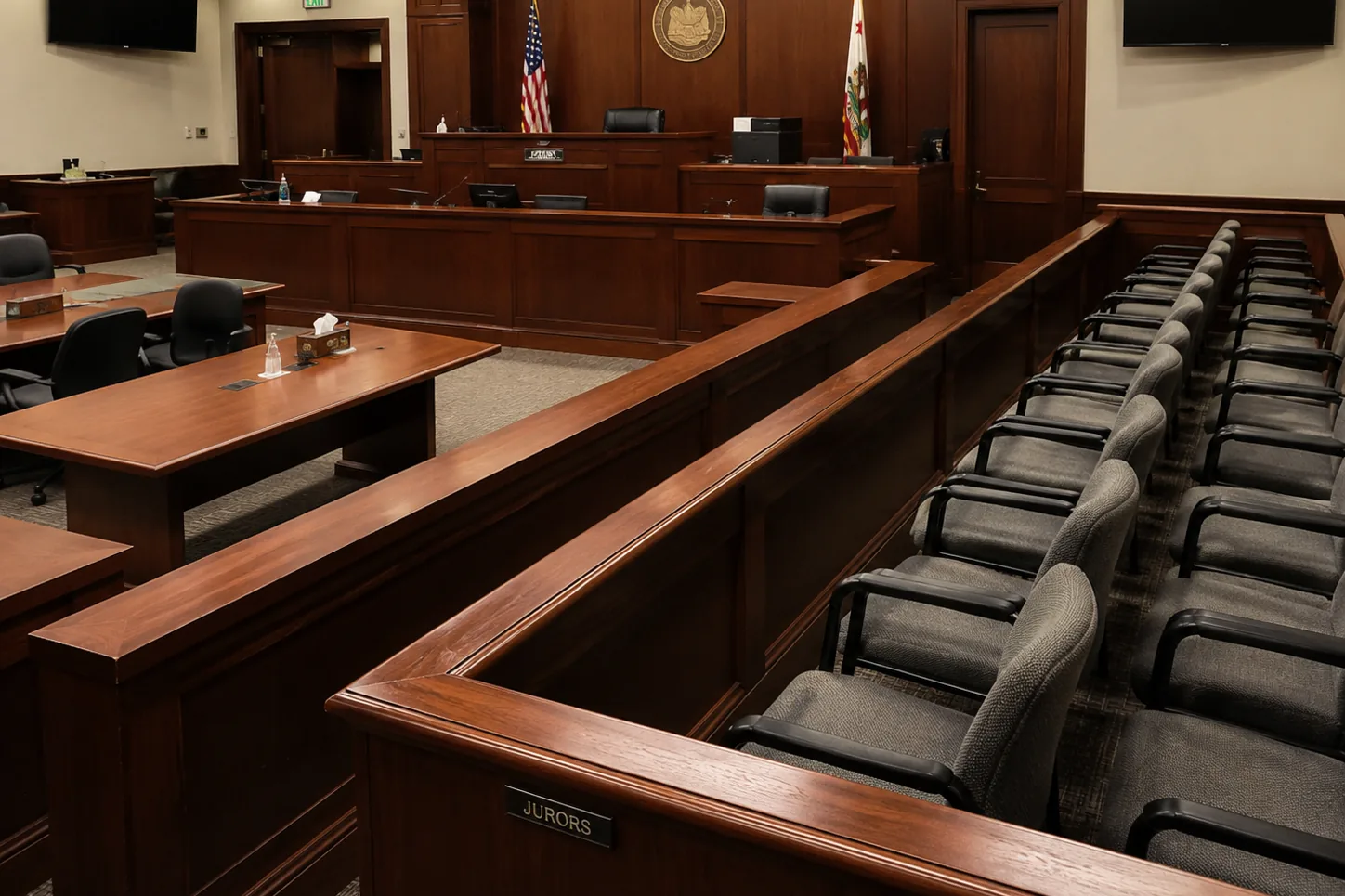 Empty jury box in a California courtroom before jury selection
