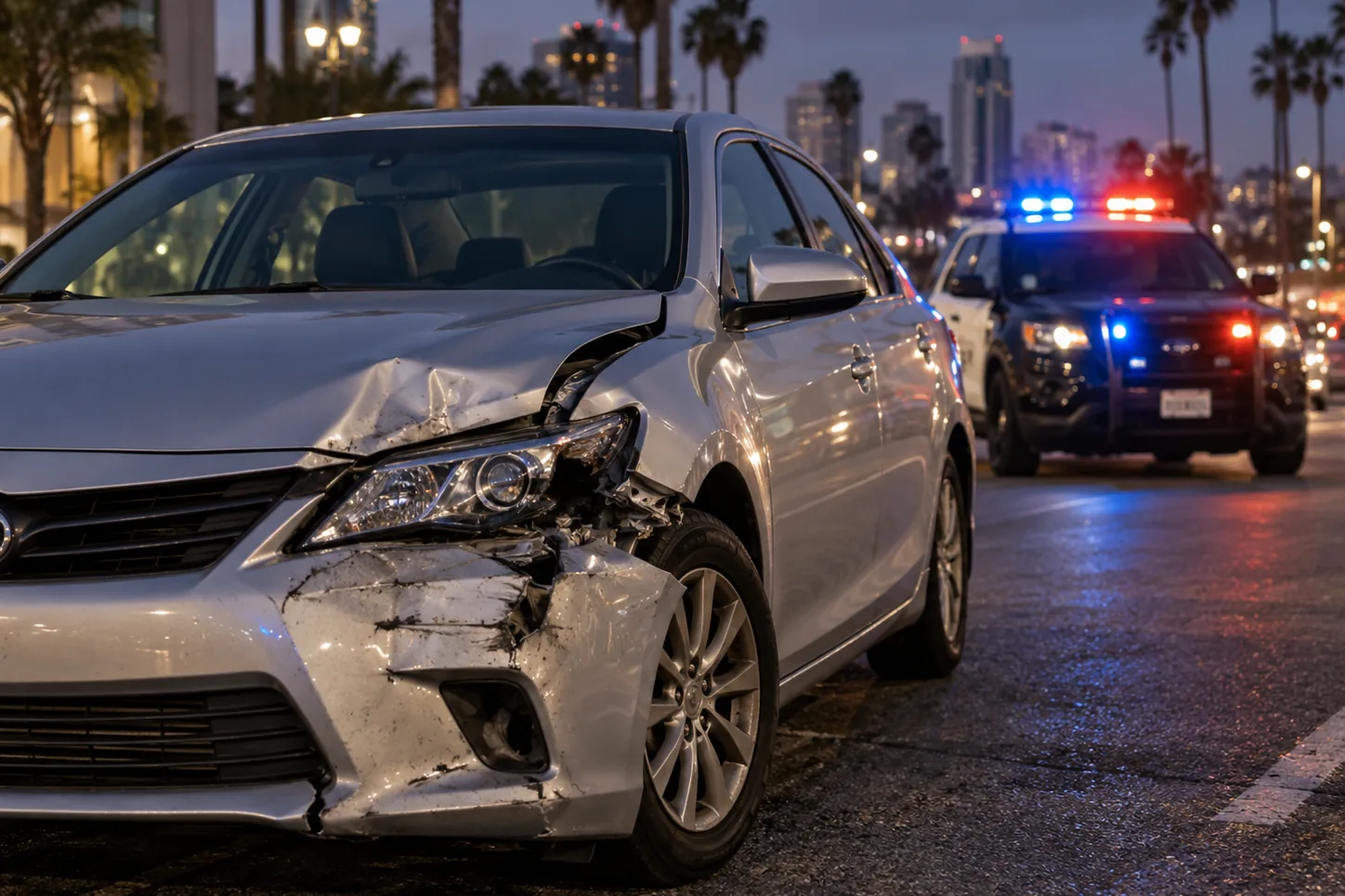Police lights at the scene of a nighttime crash on a San Diego street.