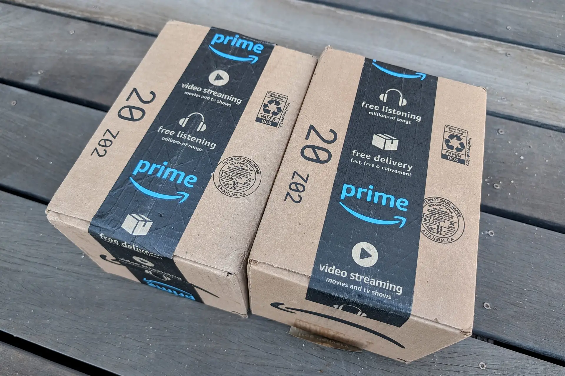 Two Amazon Prime boxes delivered to a wooden porch, the kind of purchase at issue in Amazon product liability claims.