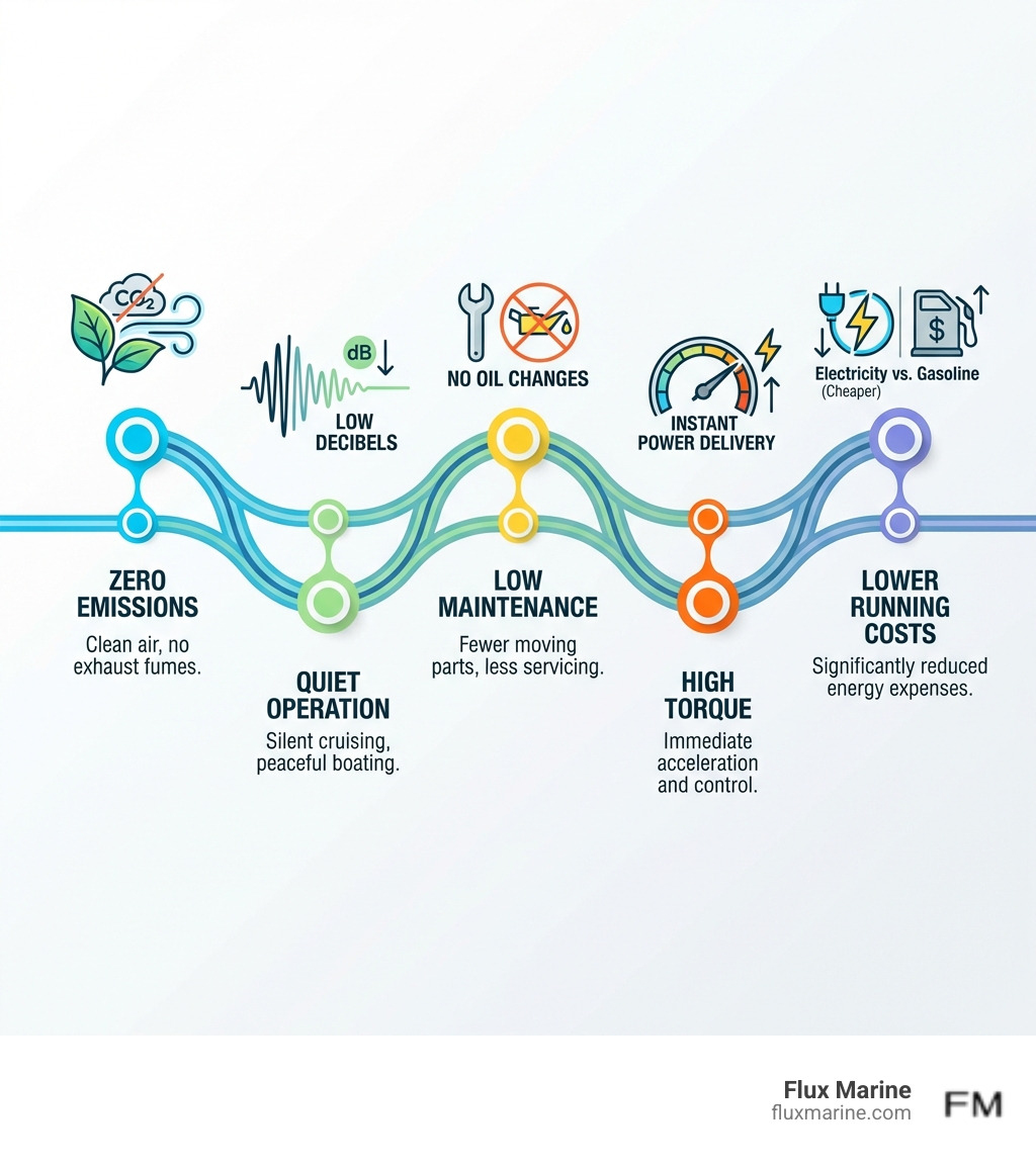 Infographic showing five key advantages of electric marine outboards: Zero Emissions with icon of clean air, Quiet Operation with sound wave icon showing low decibels, Low Maintenance with wrench icon and "no oil changes" text, High Torque with gauge icon showing instant power delivery, and Lower Running Costs with dollar sign icon comparing electricity vs gasoline prices - electric marine outboard infographic 