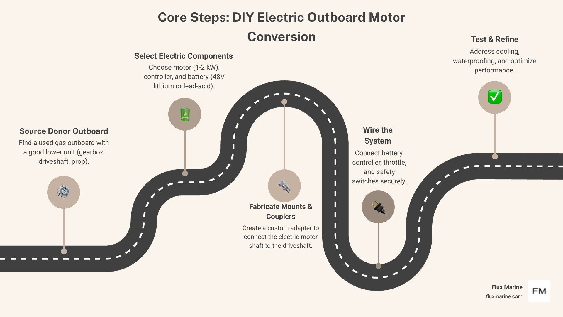 Infographic showing the key components of a DIY electric outboard conversion: donor outboard lower unit, electric motor (1-2 kW brushless DC), motor controller with throttle input, 48V battery bank (lithium or lead-acid), custom mounting plate and shaft coupler, cooling system (fan or water loop), wiring with fuses and safety switches, and optional display for monitoring - diy electric outboard motor infographic roadmap-5-steps