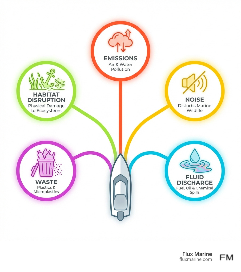 summarizing main impacts: emissions, noise, fluid discharge, waste, and habitat disruption - Eco friendly boating infographic 