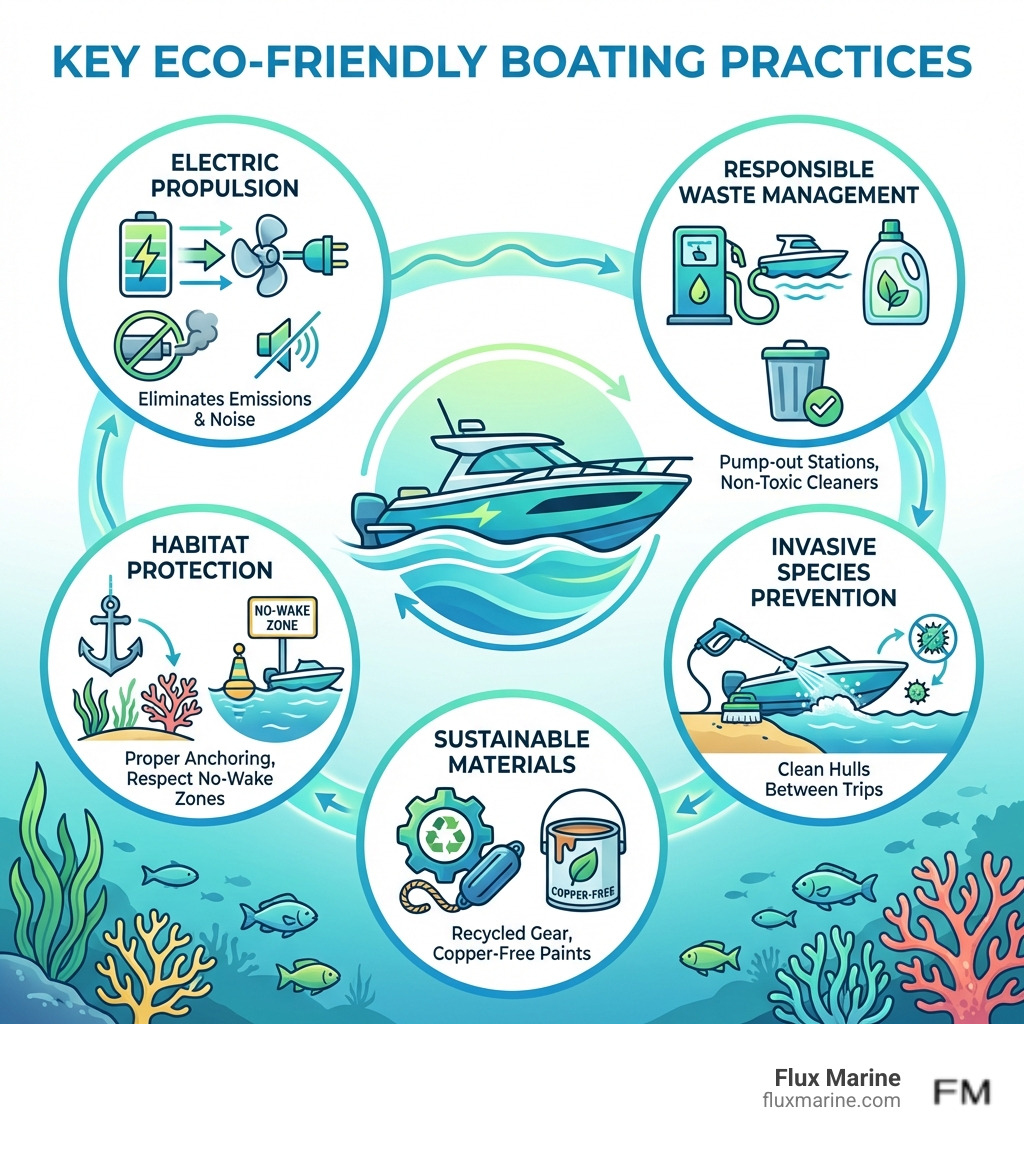 Infographic showing key eco friendly boating practices: electric propulsion eliminates emissions and noise; responsible waste management includes pump-out stations and non-toxic cleaners; habitat protection involves proper anchoring and respecting no-wake zones; invasive species prevention requires cleaning hulls between trips; sustainable materials include recycled gear and copper-free bottom paints - Eco friendly boating infographic 