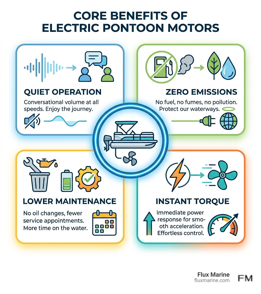 Infographic showing four core benefits of electric pontoon motors: Quiet Operation (conversational volume at all speeds), Zero Emissions (no fuel, no fumes, no pollution), Lower Maintenance (no oil changes, fewer service appointments), and Instant Torque (immediate power response for smooth acceleration) - electric motor for pontoon infographic 