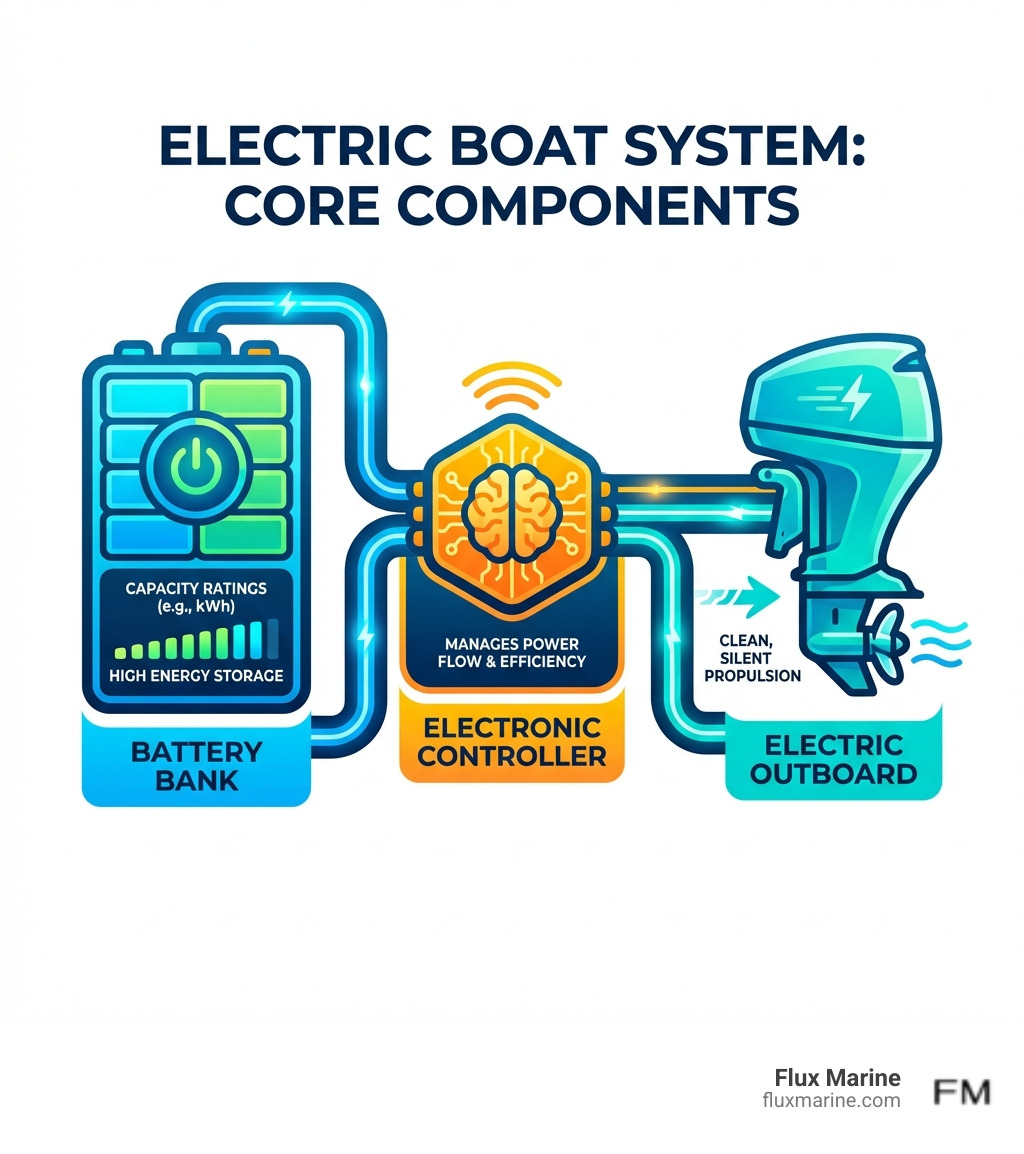 infographic showing electric boat system components: battery bank with capacity ratings, electric outboard, and electronic controller - battery powered boats for sale infographic 