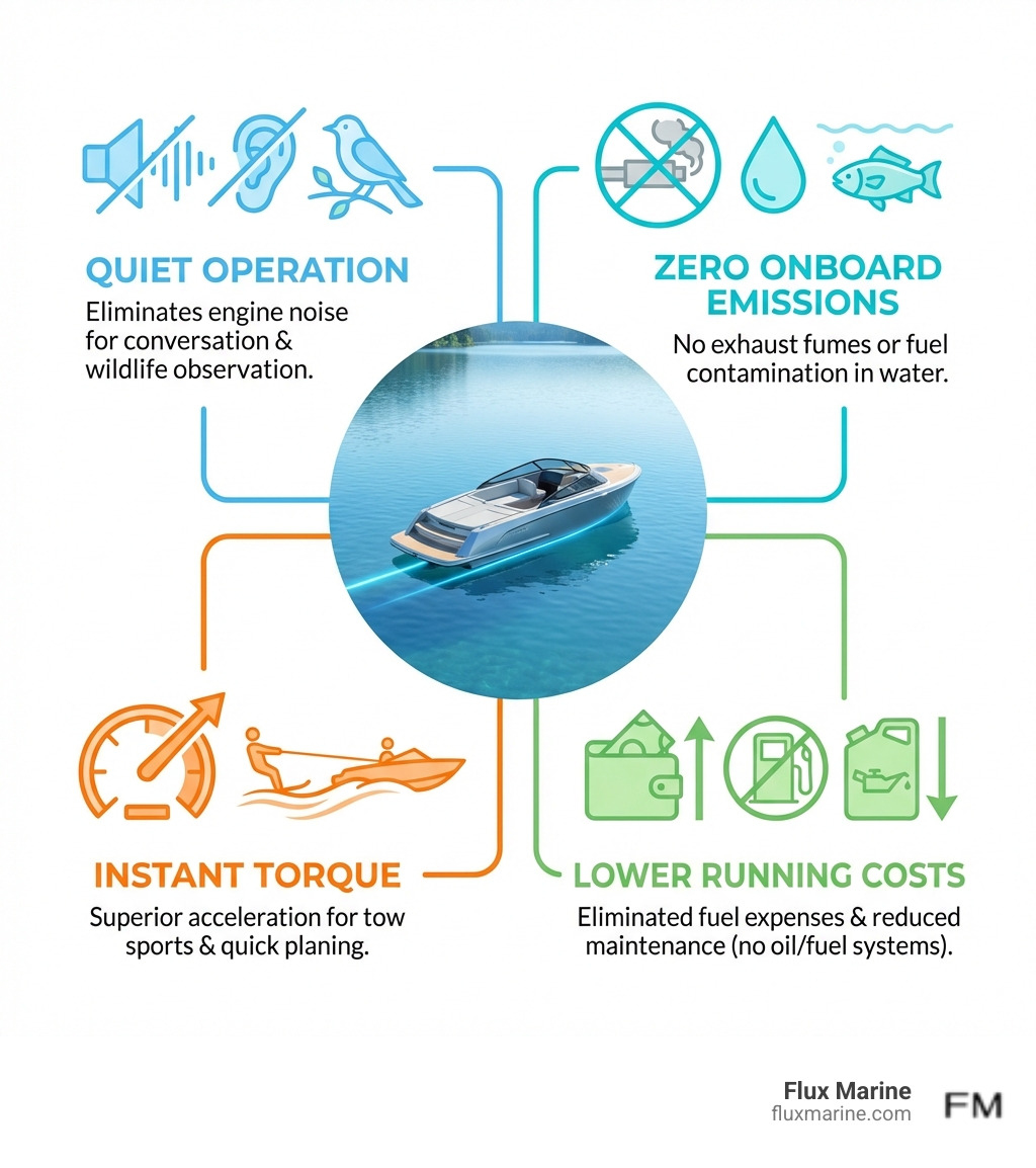 Infographic showing the advantages of electric boats on lakes: Quiet Operation eliminates engine noise for conversation and wildlife observation; Zero Onboard Emissions means no exhaust fumes or fuel contamination in the water; Instant Torque provides superior acceleration from standstill for tow sports and quick planing; Lower Running Costs through eliminated fuel expenses and reduced maintenance requirements including no oil changes or fuel system upkeep - electric boats for lakes infographic 