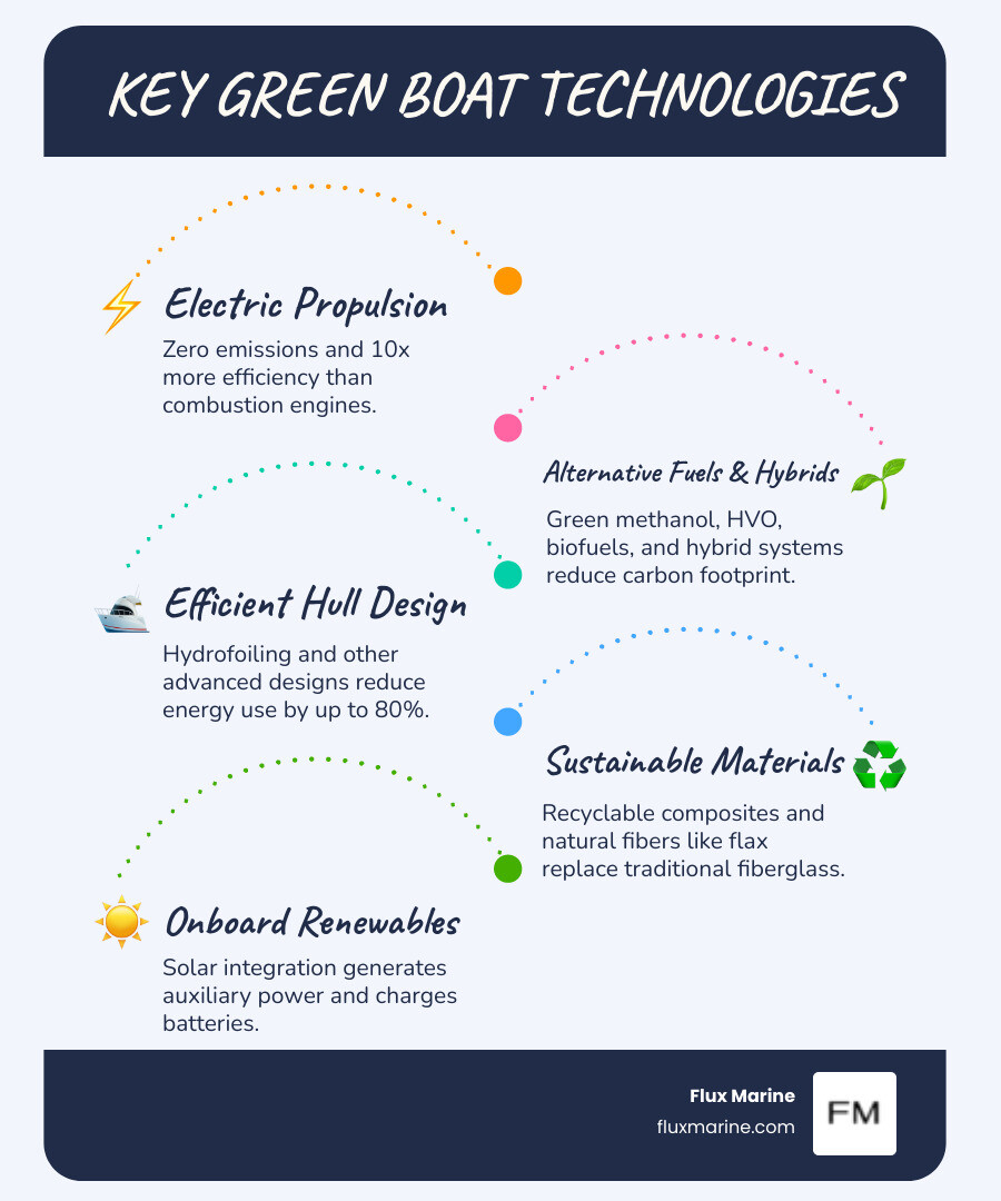 infographic showing comparison of traditional gas boat vs electric boat emissions, efficiency ratings, operating costs, and noise levels with icons and data visualization - Green boat technology infographic infographic-line-5-steps-blues-accent_colors