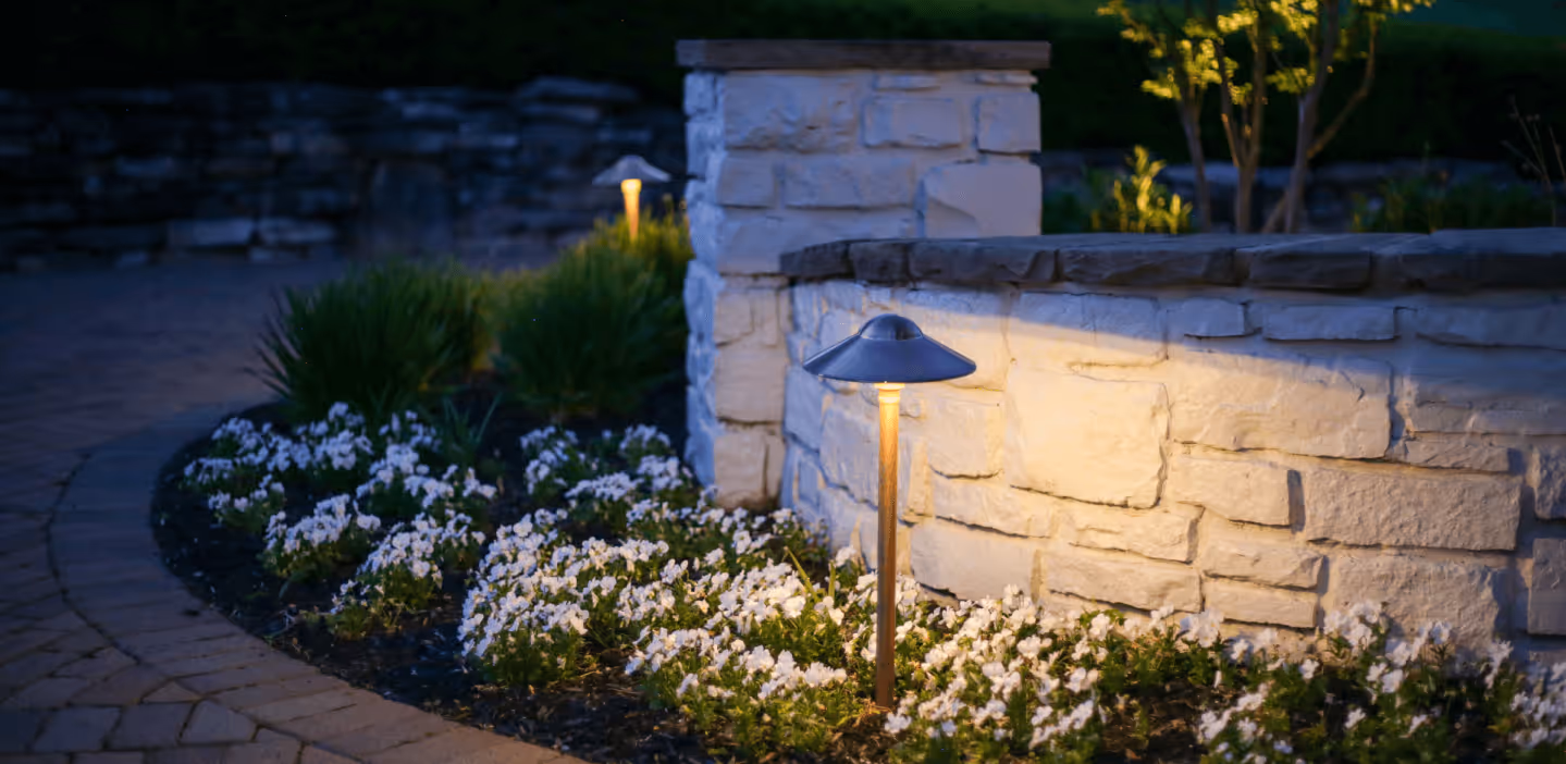 A night scene of a garden path with path lights
