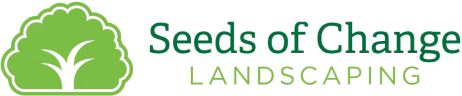 Seeds of Change Landscaping logo with green leaf graphic and text in green shades.