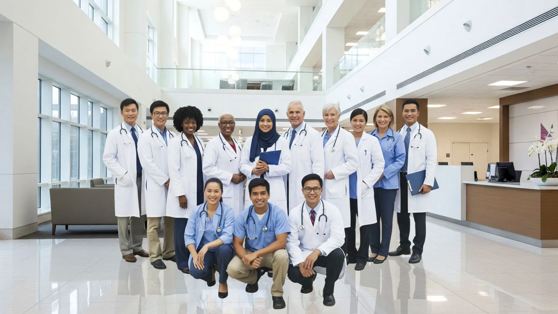 There is a group of doctors in a lobby posing for the camera. they are smiling and there is a diverse group of male and female doctors of different ethnicities.